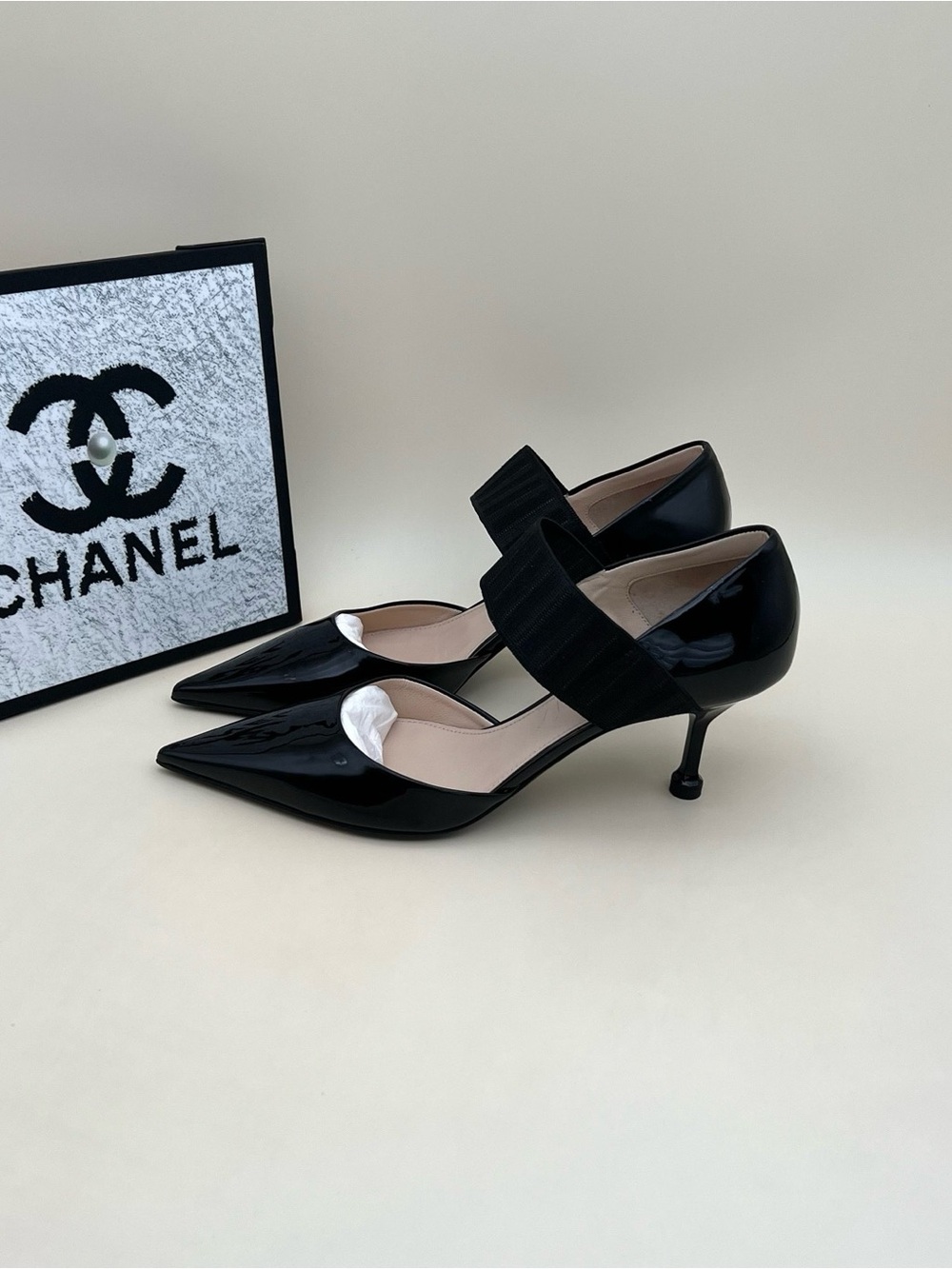 Prada Black Patent Pointed Mary-Jane Kitten Heels with Elastic Strap